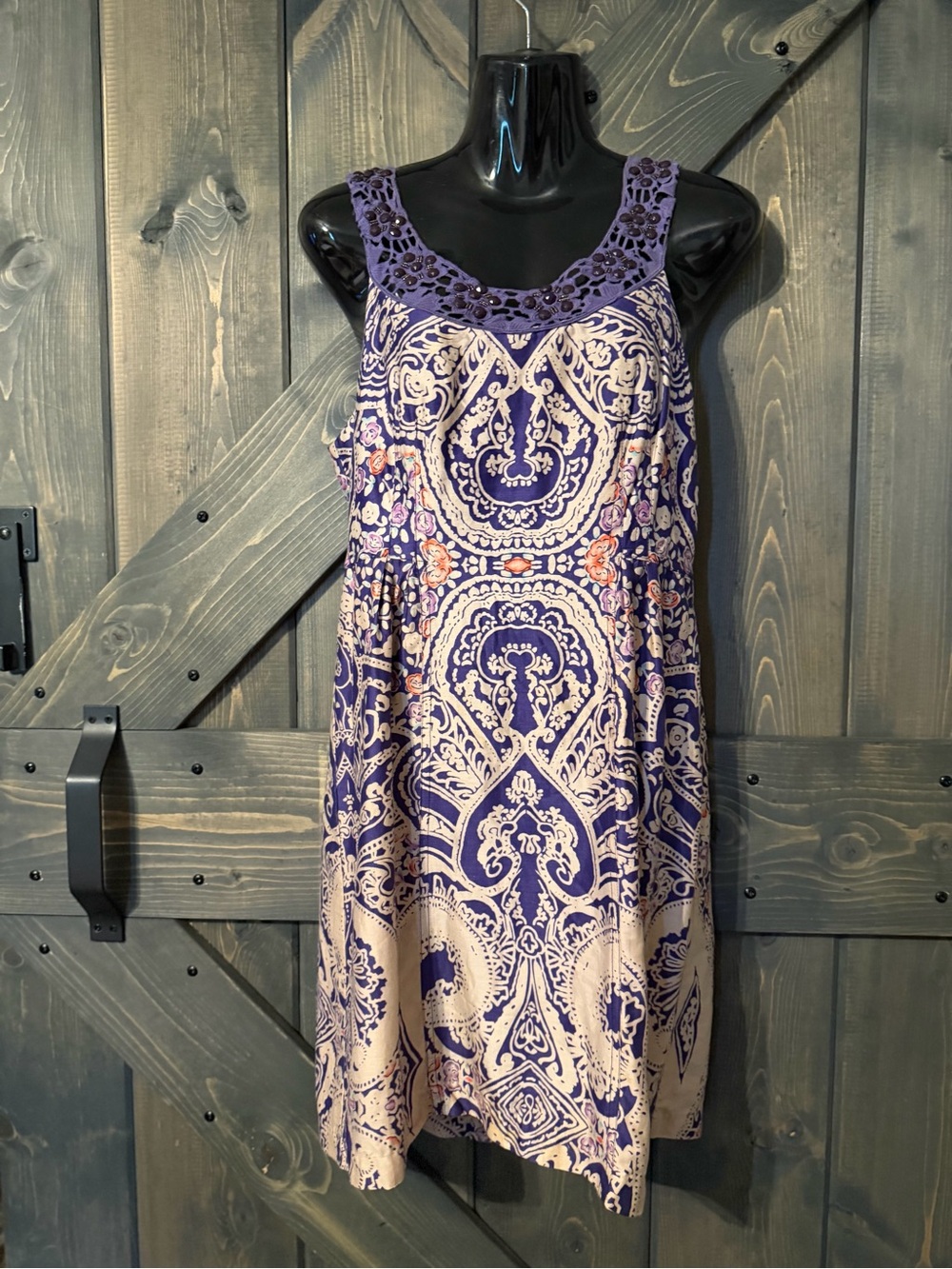 Free People Purple and Cream Printed Crochet Yoke Mini Dress
